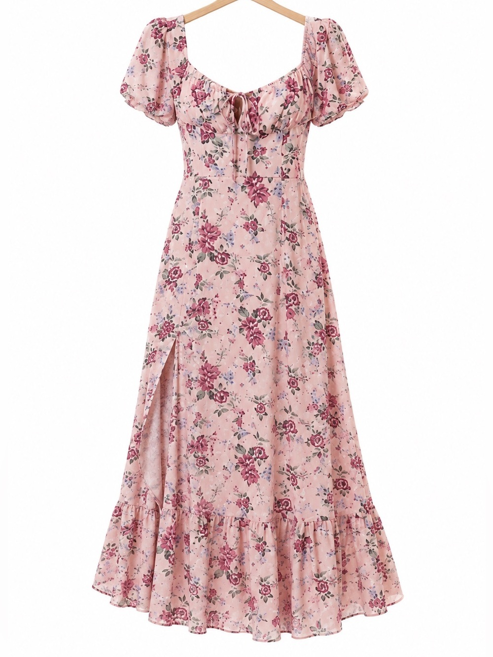 Pink Floral Puff Sleeve Tie Back Bohemian Midi Dress SZ LG NWTS!! - Picture 2 of 13